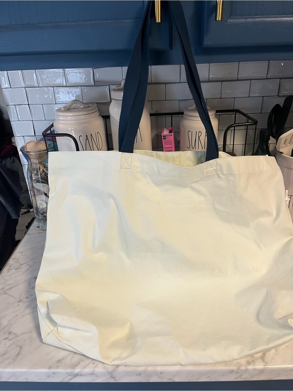 Spartina 449 Cream Canvas Tote with Blue Straps and Coastal Map Print - Picture 4 of 5